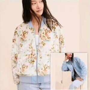 Urban Outfitters Blue & Floral “Cara” Satin Reversible Bomber Jacket- Medium